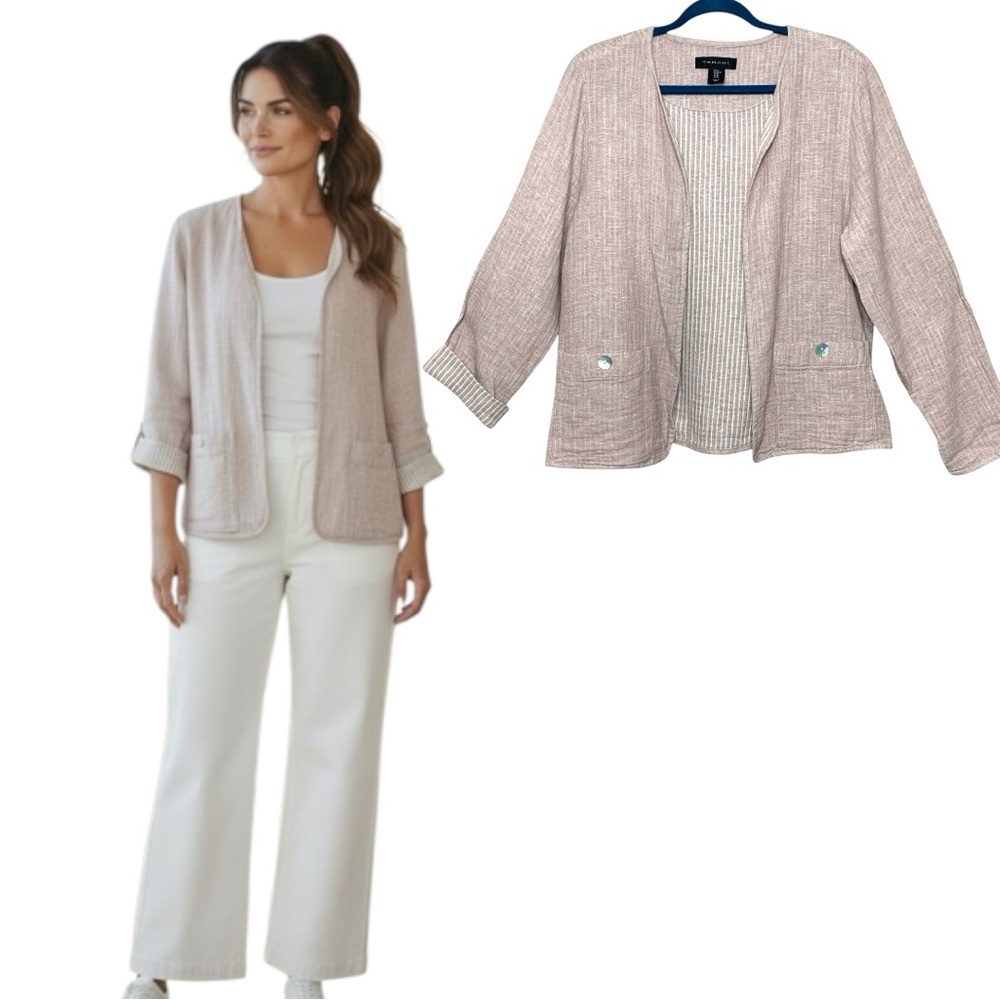 Tahari Taupe Tan Gauzy Linen Cotton Blazer M Pinstripe Cuffs Minimalist Coastal